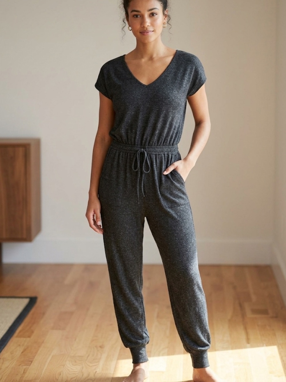 Serra Charcoal Heathered Gray V-Neck Drawstring Jumpsuit medium NWOT athleisure